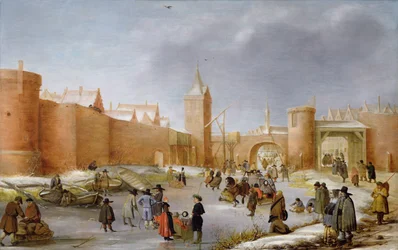 Schlittschuhläufer und Kolfspieler außerhalb der Stadtmauern von Kampen
